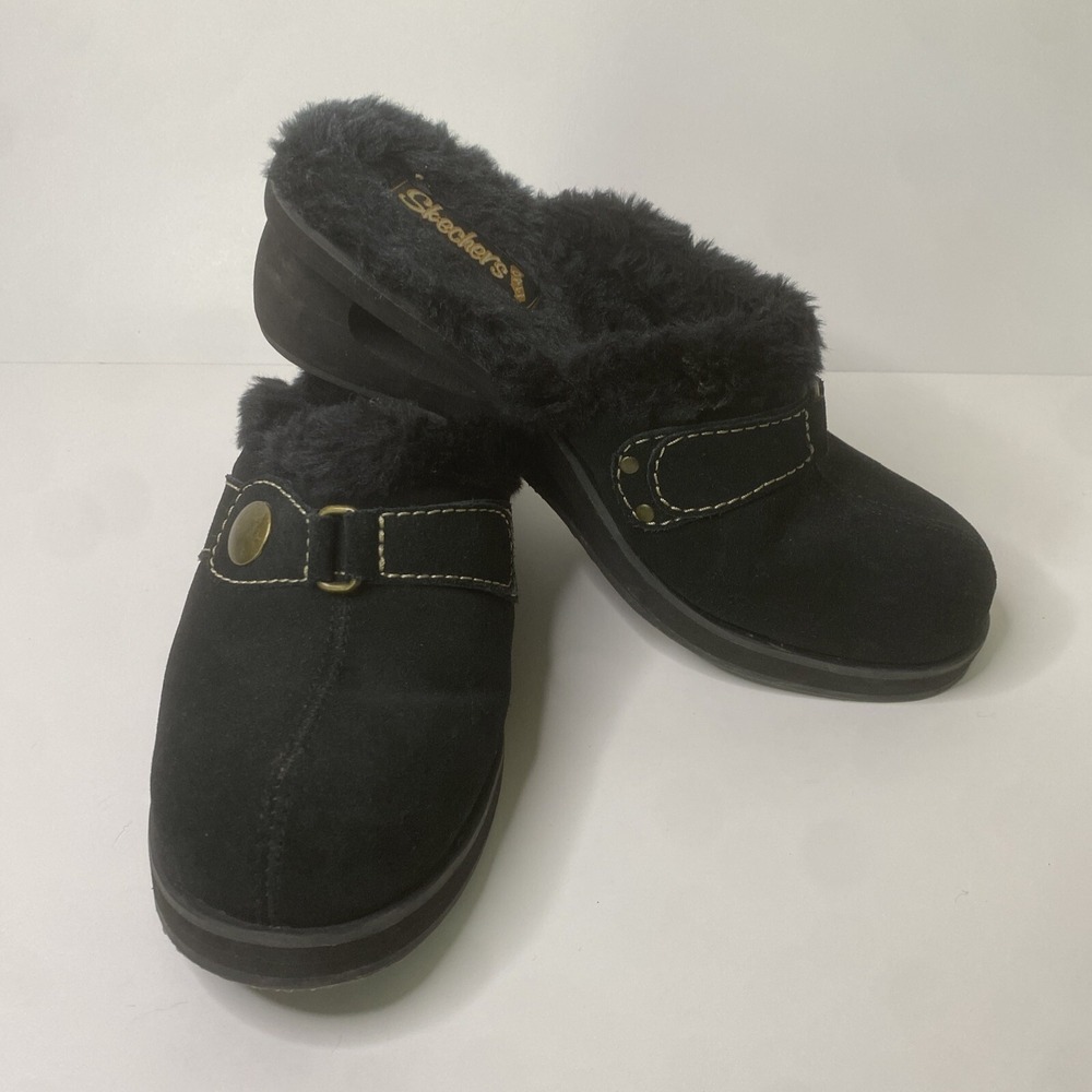 VTG Skechers Black Fo Fur-Lined Clogs Woman's Size 7 Great Condition Slip On Y2K